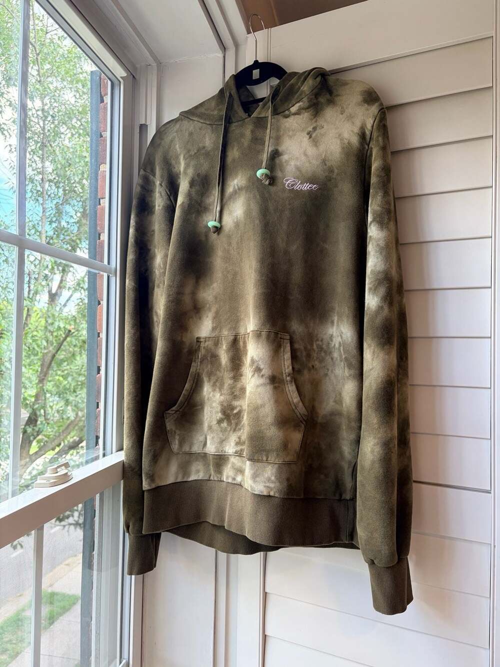Clottee Script Tie Dye‎ Hoodie Green Jade Utilitarian Grunge Streetwear SzL